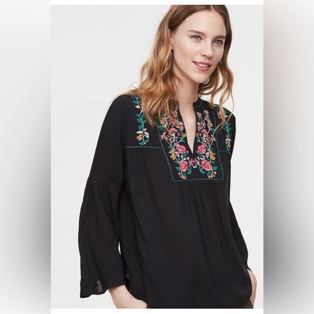 LOFT Flowy Embroidered Black Blouse - Large